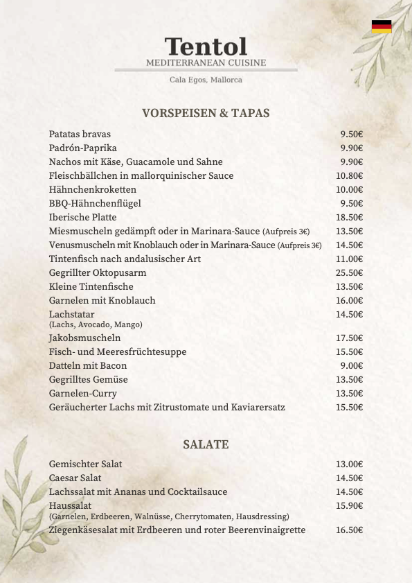 Restaurante Tentol Cala Egos Deutsch Vorspeisen tapas und salate 2026 food