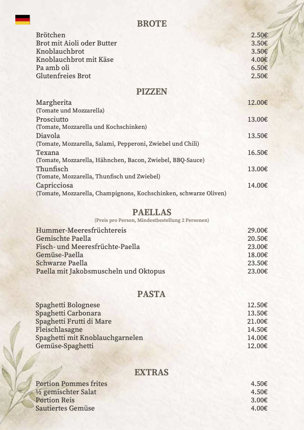 Restaurante Tentol Cala Egos Deutsch brote pizzen paellas pasta und extras 2026 food