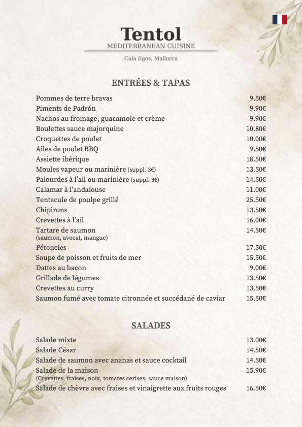 Restaurant TENTOL FRANÇAIS - entrees, tapas et salades 2026