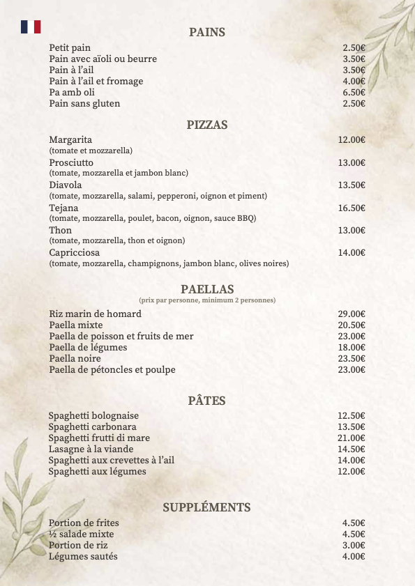 Restaurant TENTOL FRANÇAIS - pains, pizzas, paellas, pates et supplements 2026