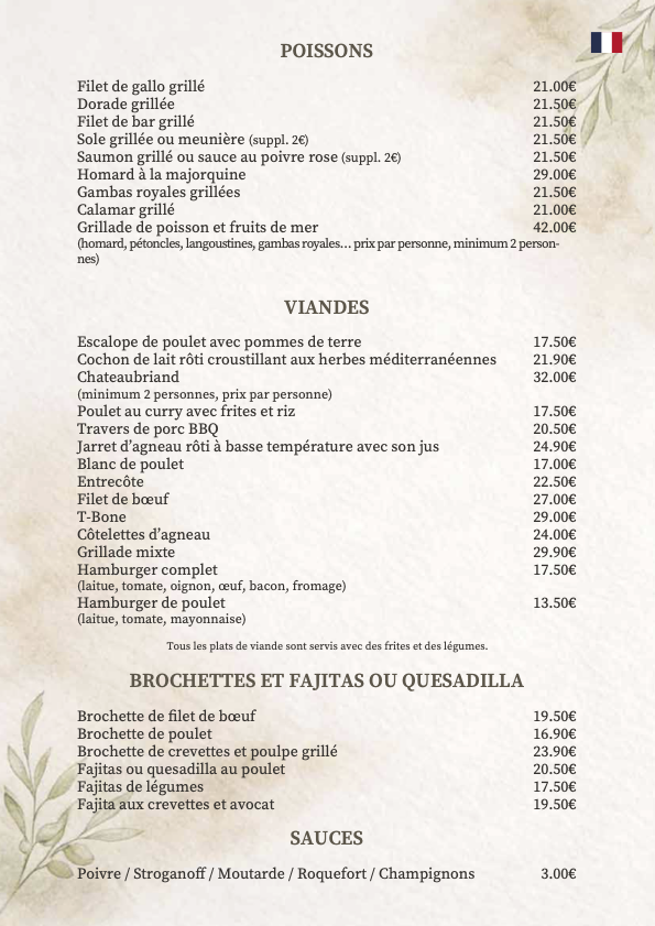 Restaurant TENTOL FRANÇAIS - poissons, viandes, brochettes, fajitas, quesadilla et sauces 2026