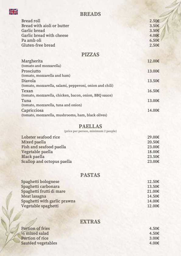 english - breads, pizzas, paellas pastas and extras 2026