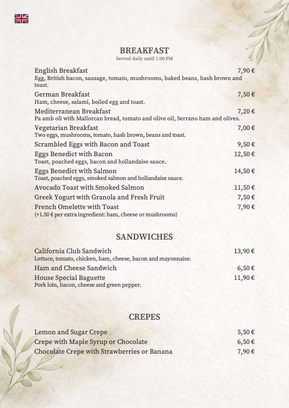 english - breakfasts, sandwiches, crepes 2026