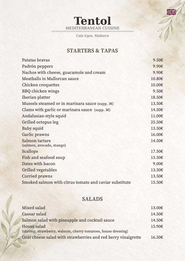 english - starters, tapas and salads 2026