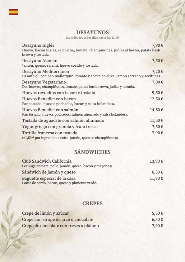 carta español - desayunos, sandwiches y crepes 2026