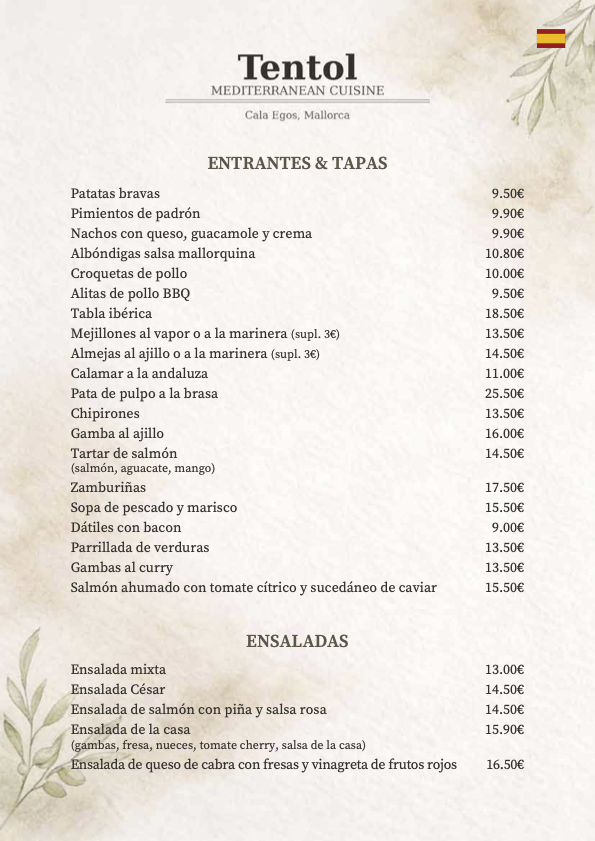 carta español - entrantes, tapas y ensaladas 2026