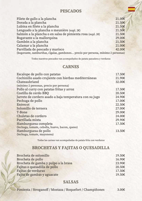 carta español - pecados, carnes, brochetas, fajitas, quesadillas y salsas 2026