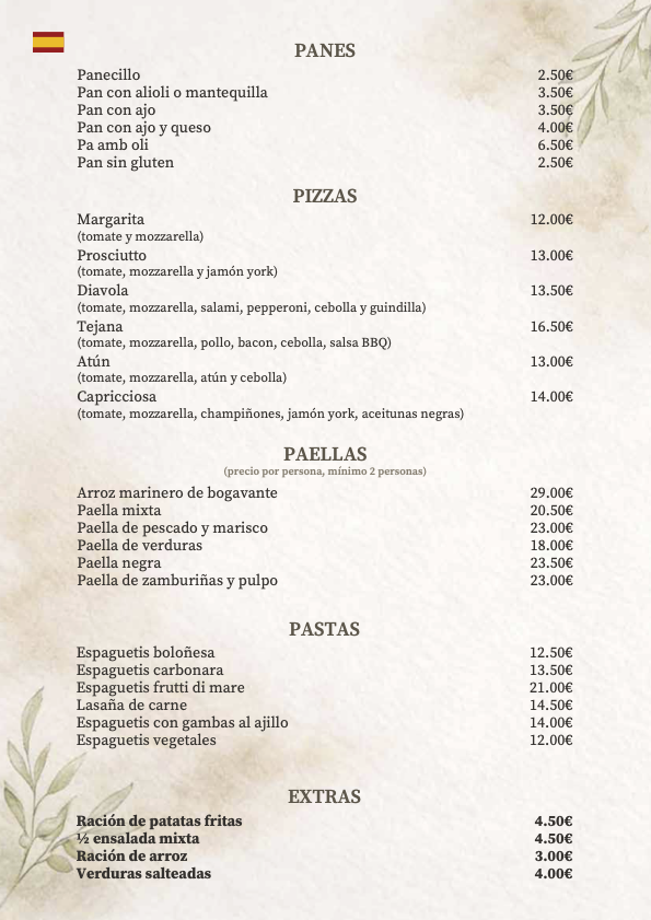 Carta español - pizzas, paellas, pastas y extras 2026