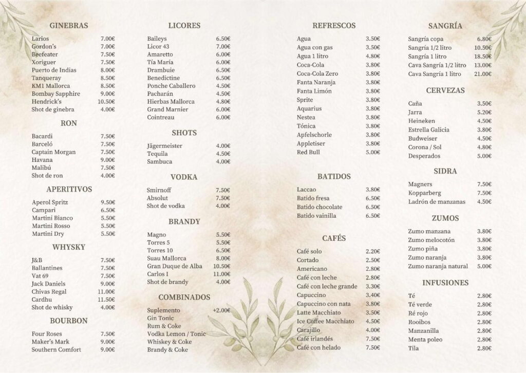 Drink prices Tentol 2026